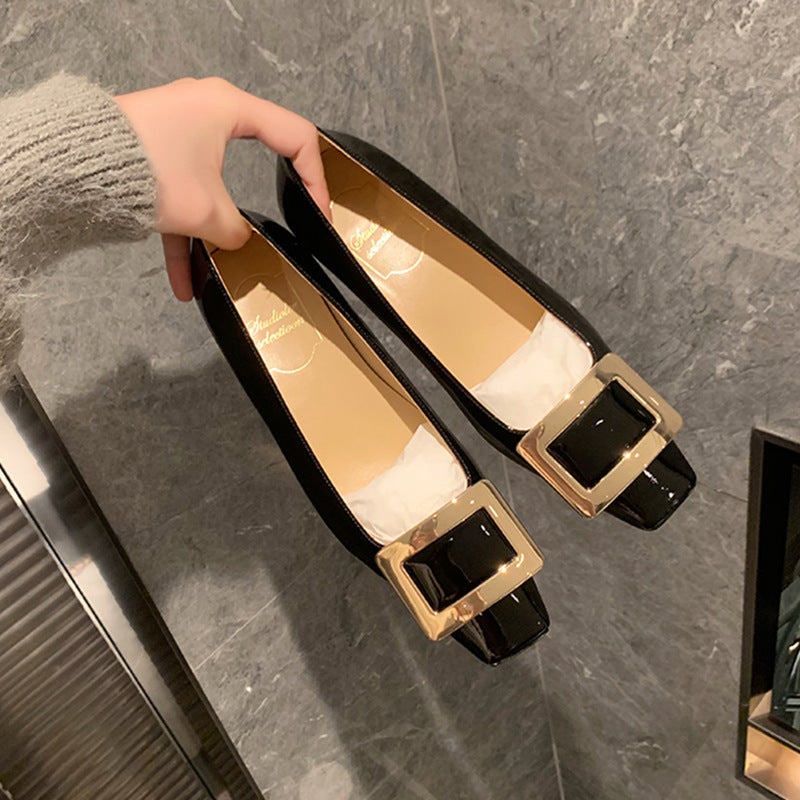 Grape Mom Same Style Genuine Leather French Classic Elegant Shallow Mouth Elegant Square Head All-Match High Heel Thick Heel Square Button Single Shoes - Image 5